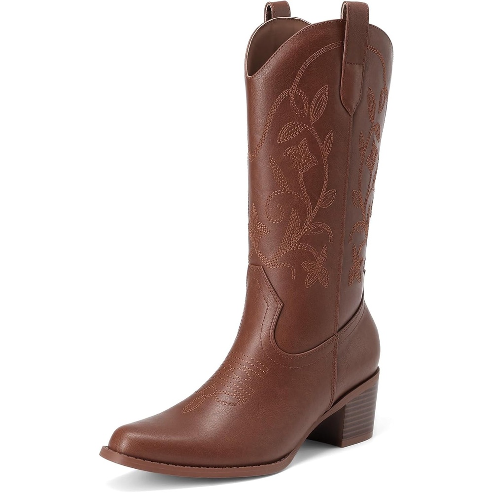 image:imageDREAM PAIRS Cowboy Boots for Women Cowgirl Western Boots Fashion Embroidery Stitched Chunky Heel Mid Calf BootsBrown