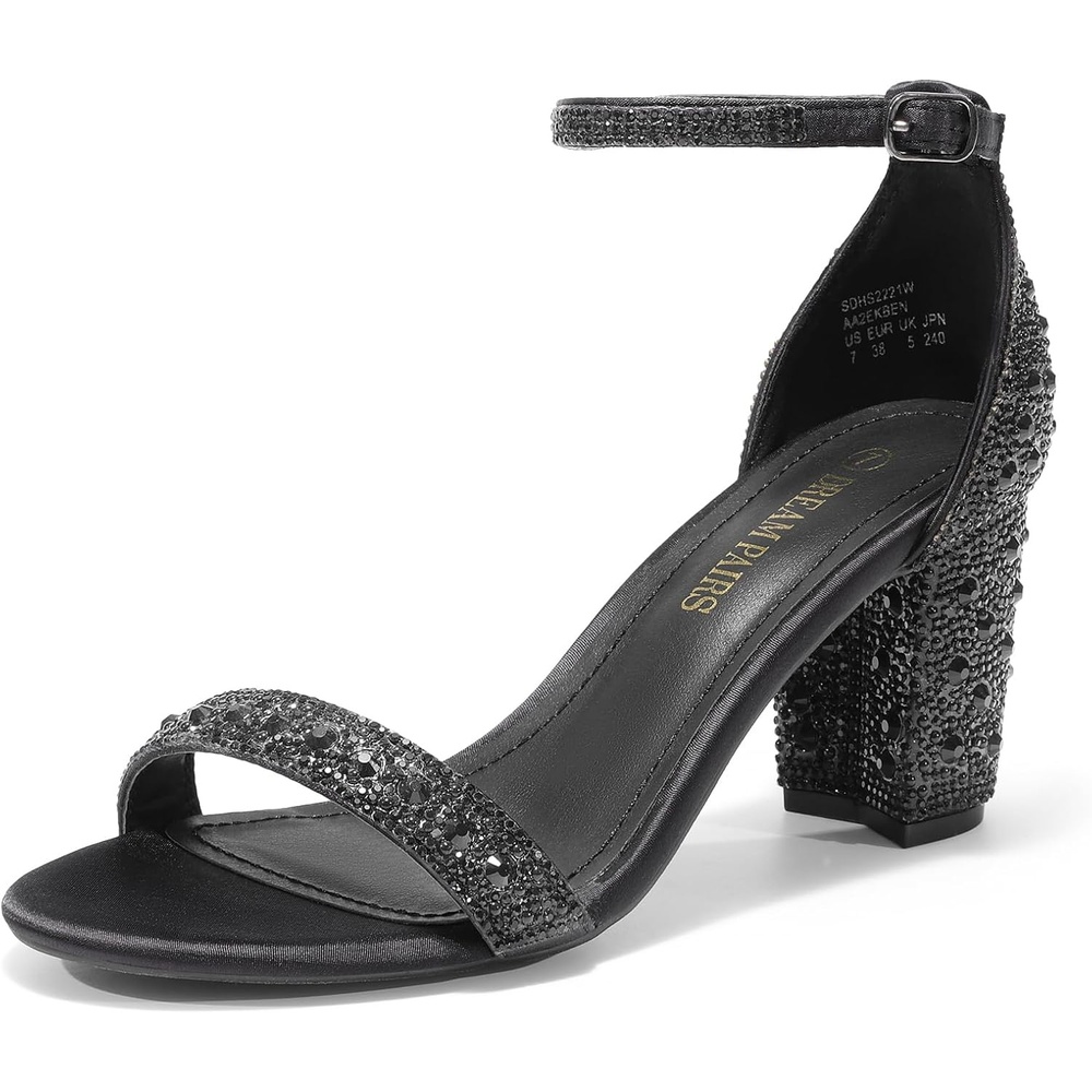 image:imageDREAM PAIRS Womens Chunky Block Heel Sandals Open Toe Ankle Strap Dress Shoes Comfortable Wedding Guest Heels for Party Prom and Formal EventsBlackRhinestone