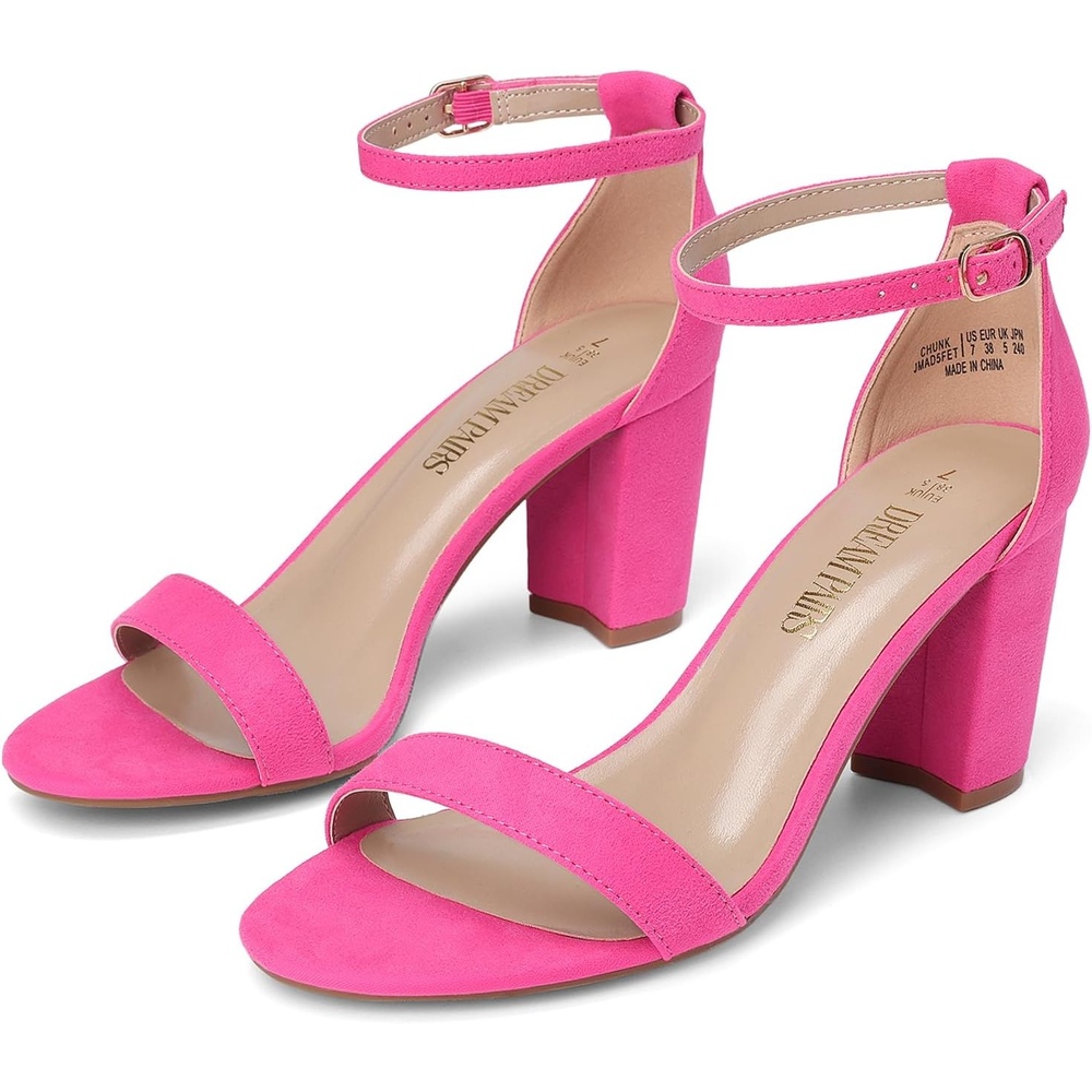 image:imageDREAM PAIRS Womens Chunky Block Heel Sandals Open Toe Ankle Strap Dress Shoes Comfortable Wedding Guest Heels for Party Prom and Formal EventsFuchsiasuede