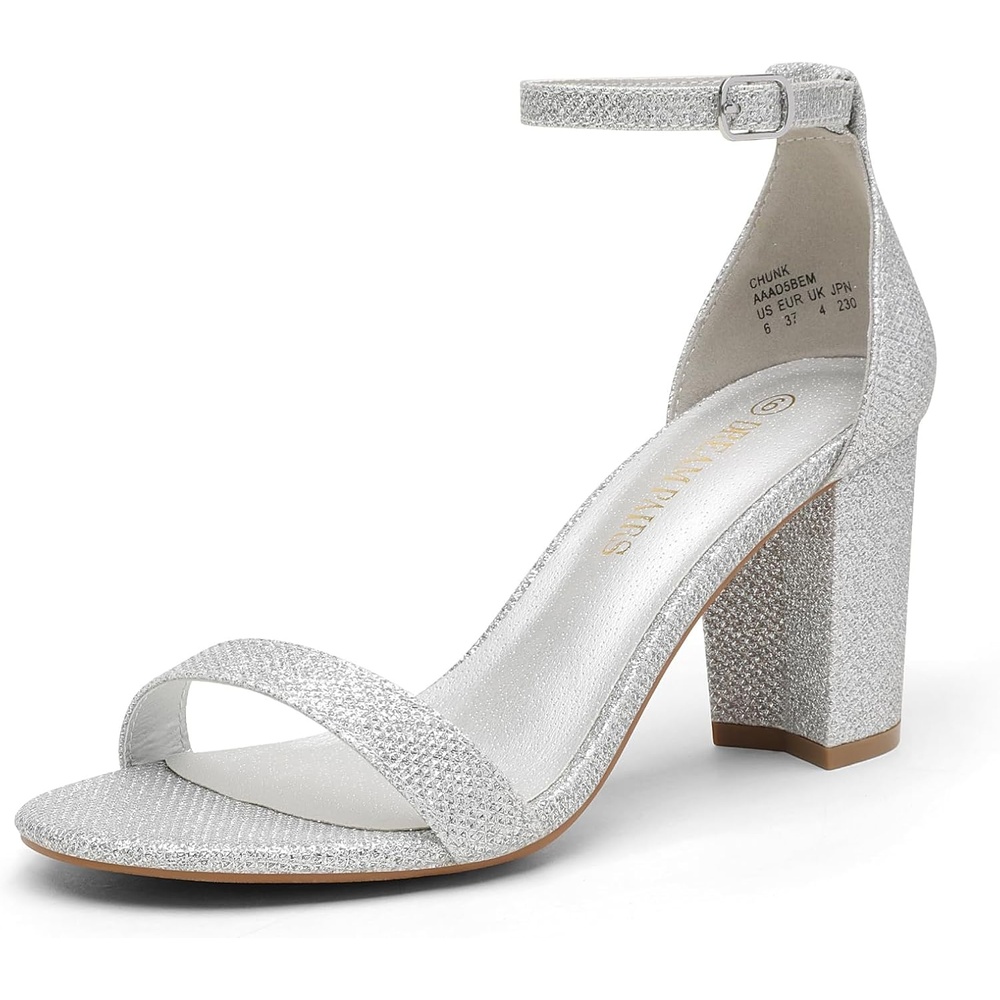 image:imageDREAM PAIRS Womens Chunky Block Heel Sandals Open Toe Ankle Strap Dress Shoes Comfortable Wedding Guest Heels for Party Prom and Formal EventsSilverGlitter