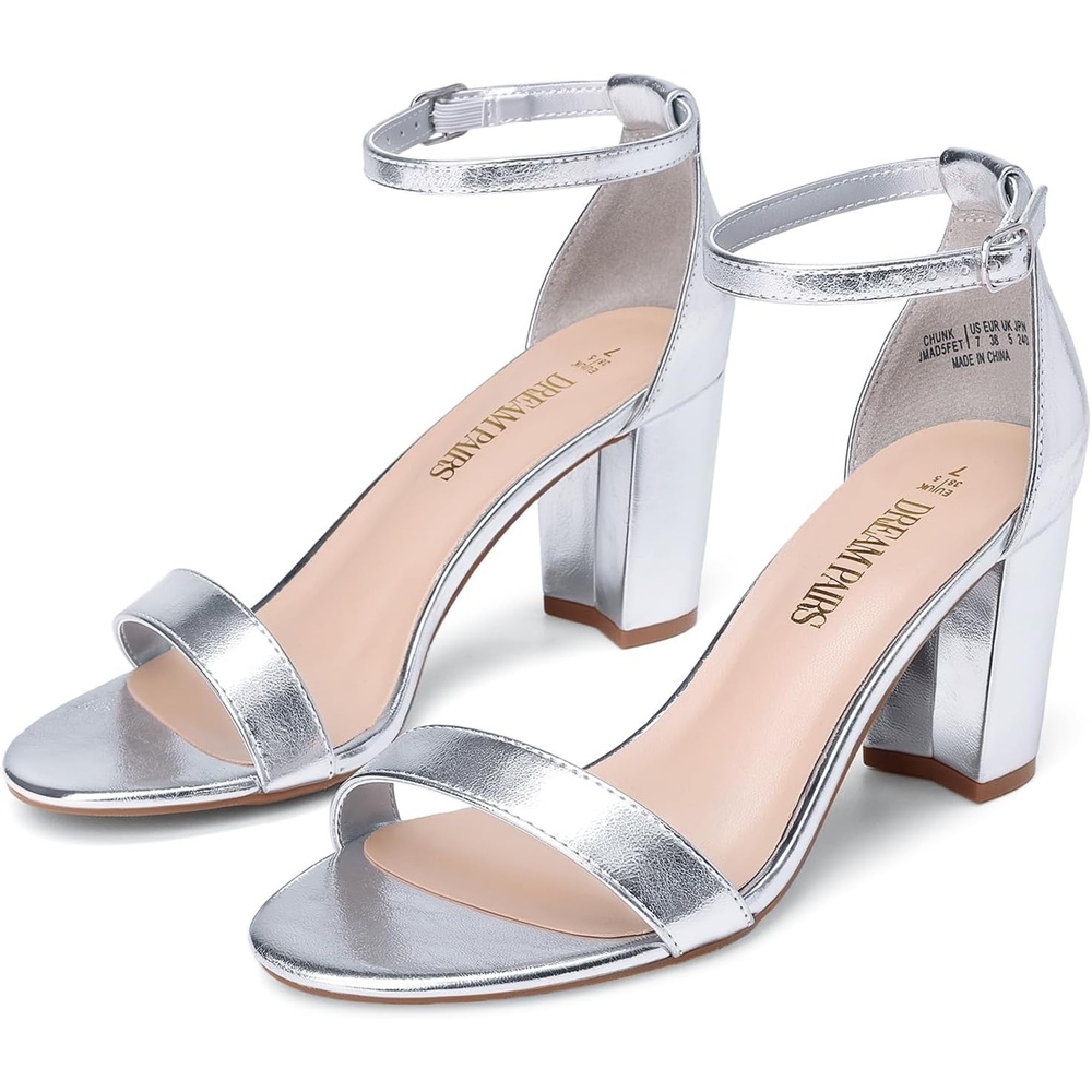 image:imageDREAM PAIRS Womens Chunky Block Heel Sandals Open Toe Ankle Strap Dress Shoes Comfortable Wedding Guest Heels for Party Prom and Formal EventsSilvermetallic