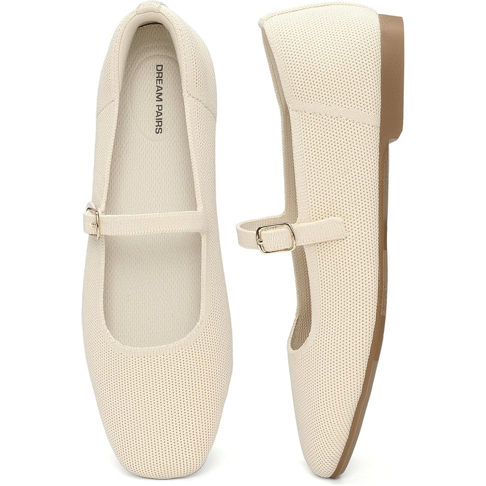 image:imageDREAM PAIRS Womens Mary Jane Ballet Flats Comfortable Knit Square Toe Dressy Shoes with Adjustable Buckle Breathable Foldable Arch Support for Work Office BusinessNude