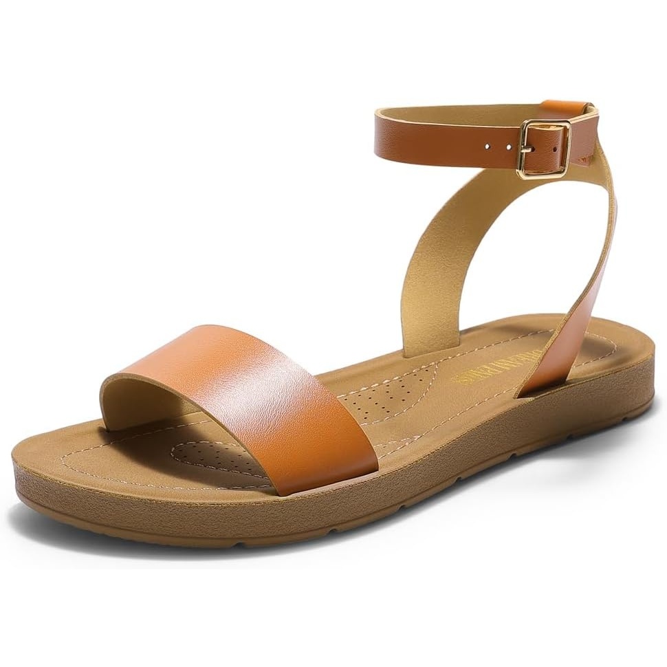 image:imageDREAM PAIRS Womens One Band Ankle Strap Buckle Flat SandalsTanPu