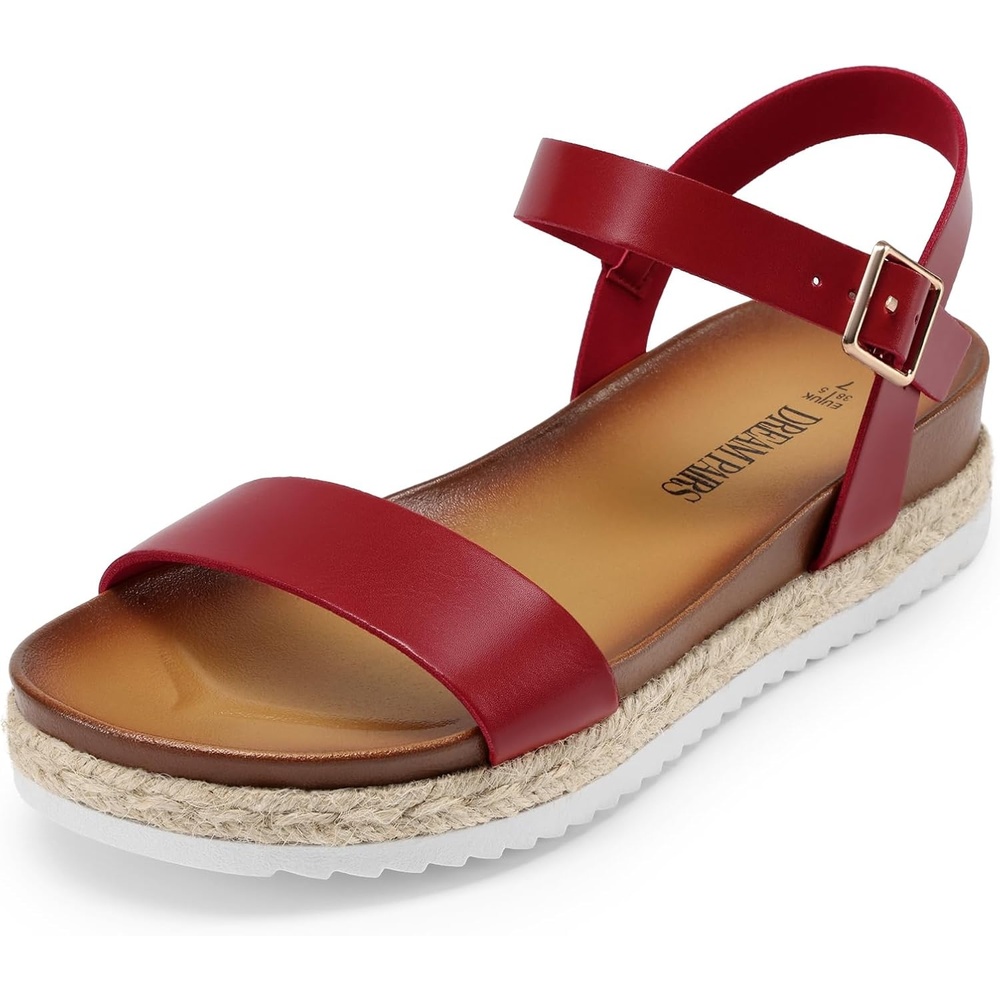 image:imageDREAM PAIRS Womens Open Toe Ankle Strap Espadrille Casual Flatform Platform Wedge SandalsRed