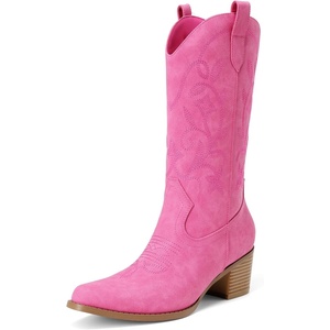 DREAM PAIRS Cowboy Boots for Women Cowgirl Western Boots Fashion Embroidery Stitched Chunky Heel Mid Calf Boots(Pink)