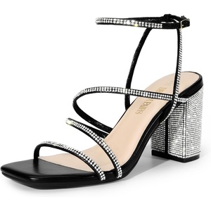 DREAM PAIRS Women’s Heels Chunky Block Strappy Square Open Toe Ankle Buckle 3.15 Inch Heeled Sandals Wedding Party Dress Prom Shoes(Black-rhinestone)