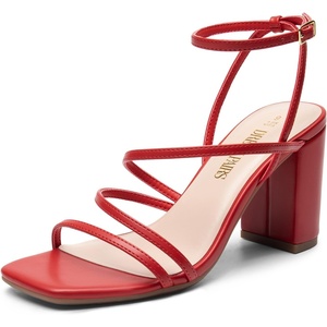 DREAM PAIRS Women’s Heels Chunky Block Strappy Square Open Toe Ankle Buckle 3.15 Inch Heeled Sandals Wedding Party Dress Prom Shoes(Red-pu)