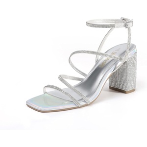 DREAM PAIRS Women’s Heels Chunky Block Strappy Square Open Toe Ankle Buckle 3.15 Inch Heeled Sandals Wedding Party Dress Prom Shoes(Silver-rhinestone)