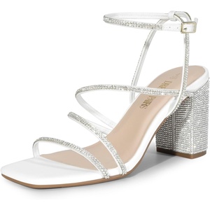 DREAM PAIRS Women’s Heels Chunky Block Strappy Square Open Toe Ankle Buckle 3.15 Inch Heeled Sandals Wedding Party Dress Prom Shoes(White-rhinestone)
