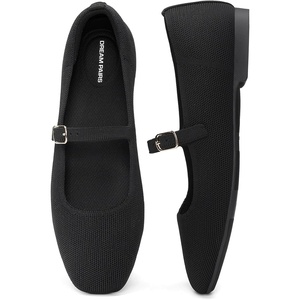 DREAM PAIRS Women’s Mary Jane Ballet Flats, Comfortable Knit Square Toe Dressy Shoes with Adjustable Buckle, Breathable Foldable Arch Support for Work Office Business(Black)