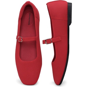 DREAM PAIRS Women’s Mary Jane Ballet Flats, Comfortable Knit Square Toe Dressy Shoes with Adjustable Buckle, Breathable Foldable Arch Support for Work Office Business(Red)