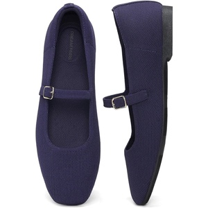 DREAM PAIRS Women’s Mary Jane Ballet Flats, Comfortable Knit Square Toe Dressy Shoes with Adjustable Buckle, Breathable Foldable Arch Support for Work Office Business(Navy)