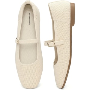 DREAM PAIRS Women’s Mary Jane Ballet Flats, Comfortable Knit Square Toe Dressy Shoes with Adjustable Buckle, Breathable Foldable Arch Support for Work Office Business(Nude)