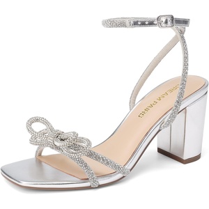 DREAM PAIRS Women’s Wedding Party Bridal Prom Bow Knot Chunky Block Dressy Heels Square Toe Slingback with Ankle Buckle Fashion Sandals Comfortable Shoes 2026(Silver)