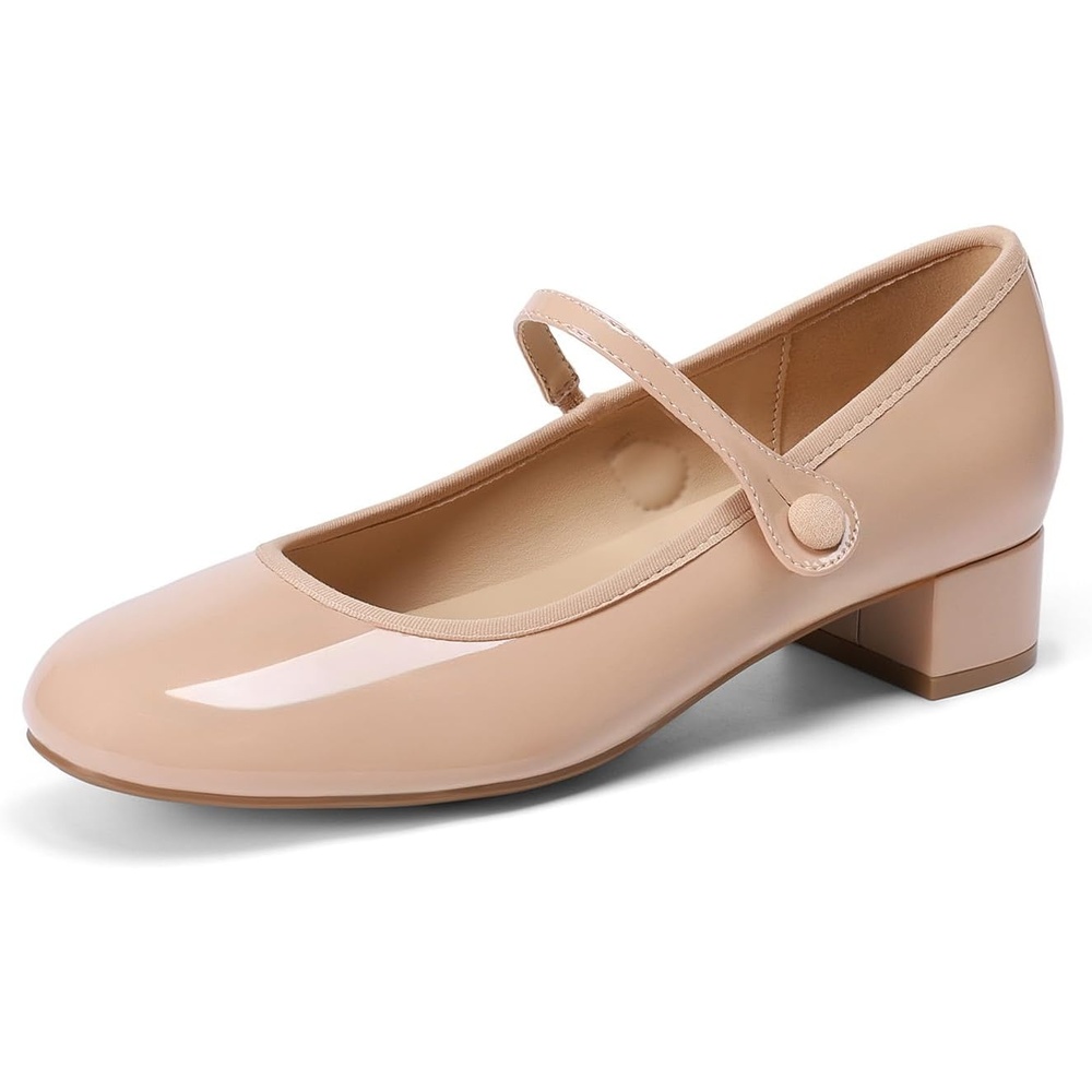 image:imageDREAM PAIRS Womens Mary Jane Chunky Low Heels Comfortable Slip on Dress Shoes for Women Closed Round Toe Casual Cute Work Pumps Flats ShoesNude
