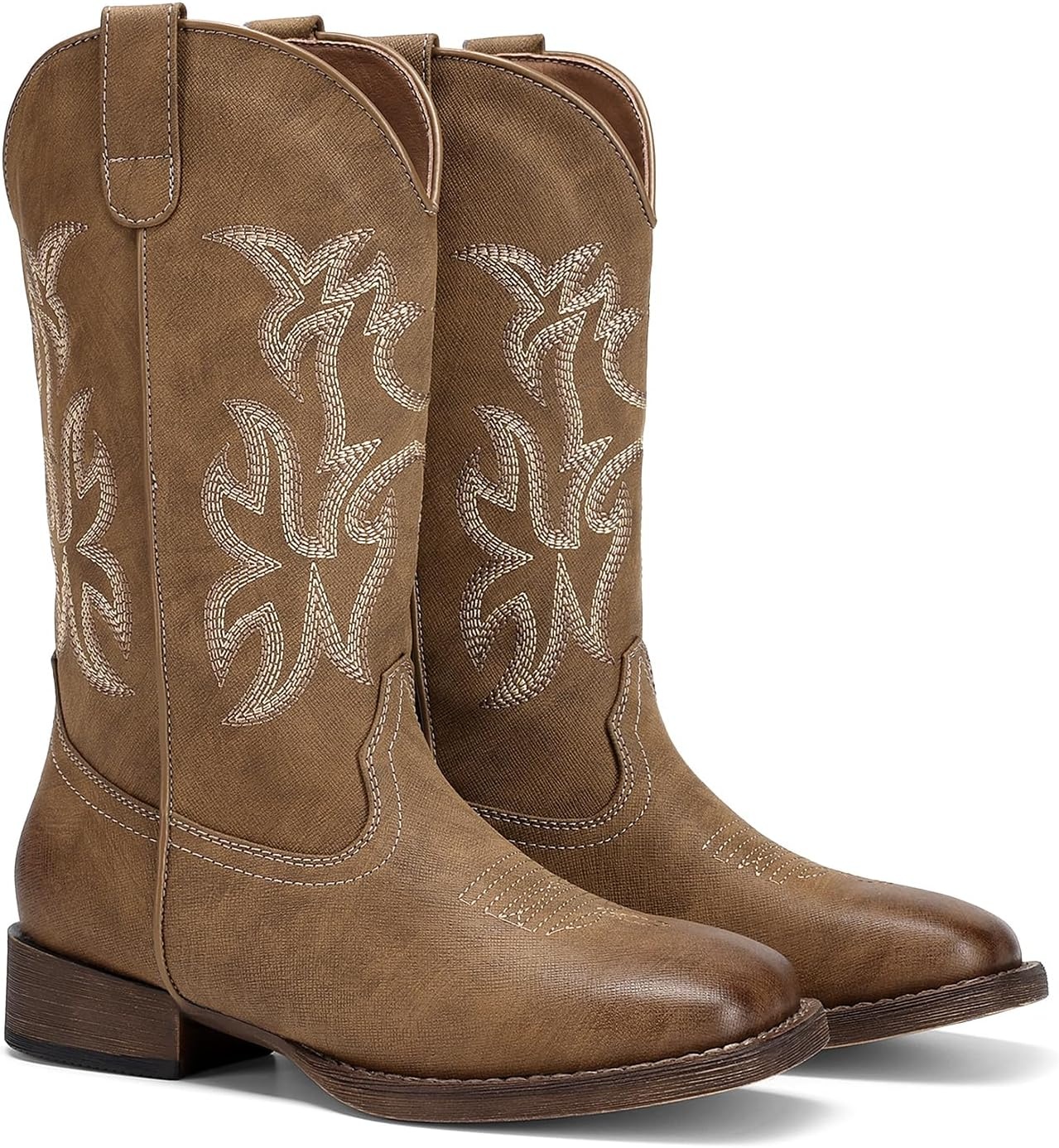 image:imageDREAM PAIRS Cowboy Cowgirl Boots for Women Wide Square Toe Western Mid Calf PullOn Embroidered Stitched Retro BootsTan
