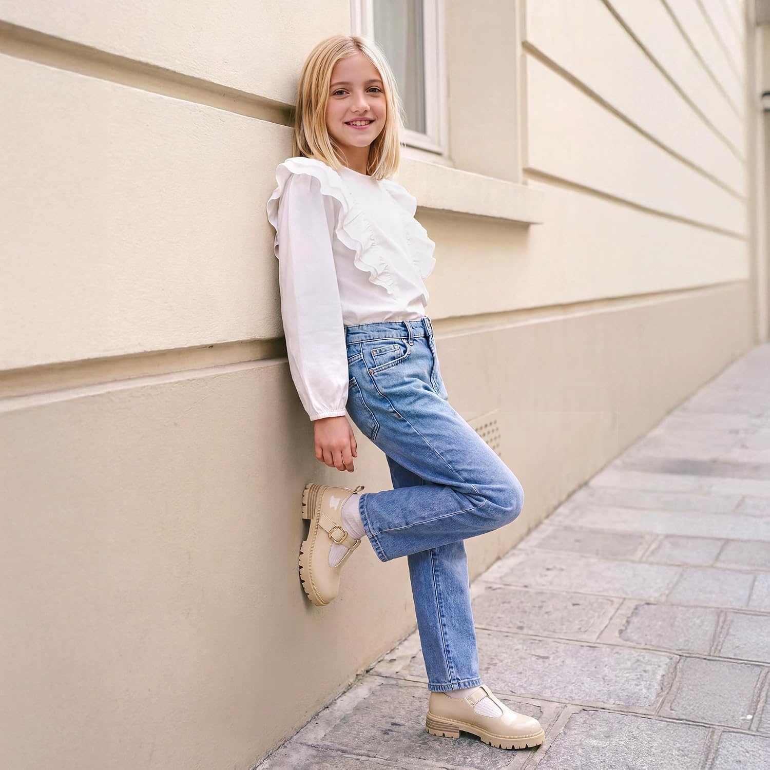 image:imageDREAM PAIRS Girls Mary Jane Dress Shoes School Uniform TStrap Loafers Platform Chunky Heel Closed Toe FlatsBeige