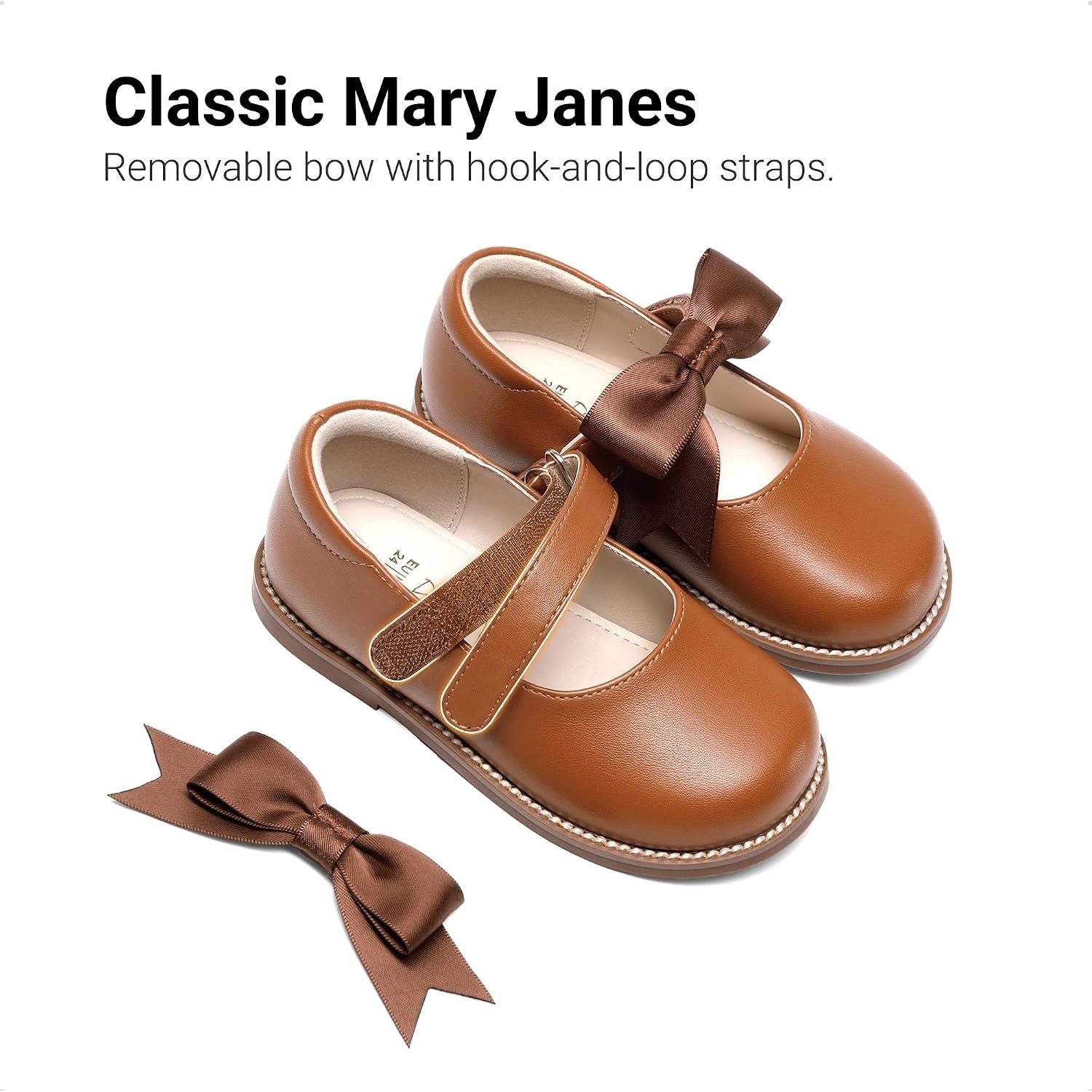 image:imageDREAM PAIRS Girls Mary Jane Shoes Toddler School Uniform Dress Shoes Wide Toe Ballet Flats with Detachable Bow for Little KidsBrown