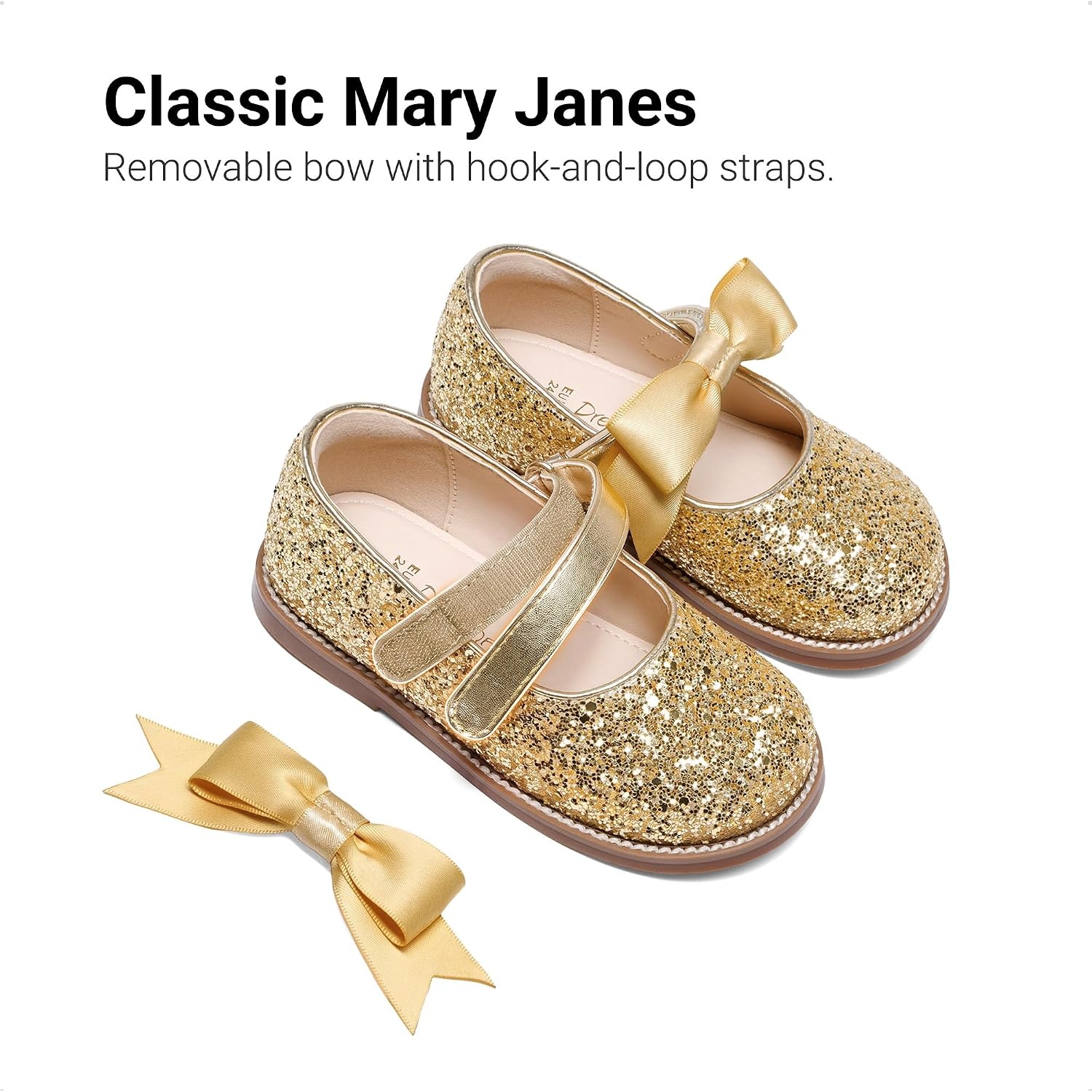 image:imageDREAM PAIRS Girls Mary Jane Shoes Toddler School Uniform Dress Shoes Wide Toe Ballet Flats with Detachable Bow for Little KidsGold