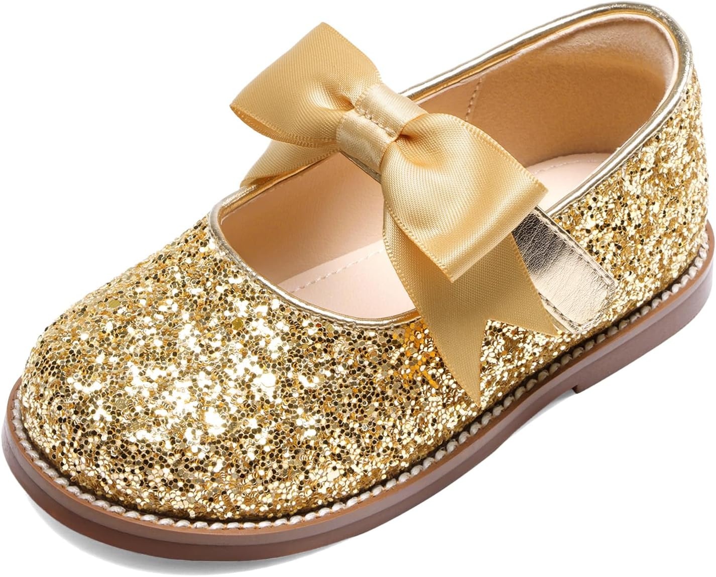 image:imageDREAM PAIRS Girls Mary Jane Shoes Toddler School Uniform Dress Shoes Wide Toe Ballet Flats with Detachable Bow for Little KidsGold