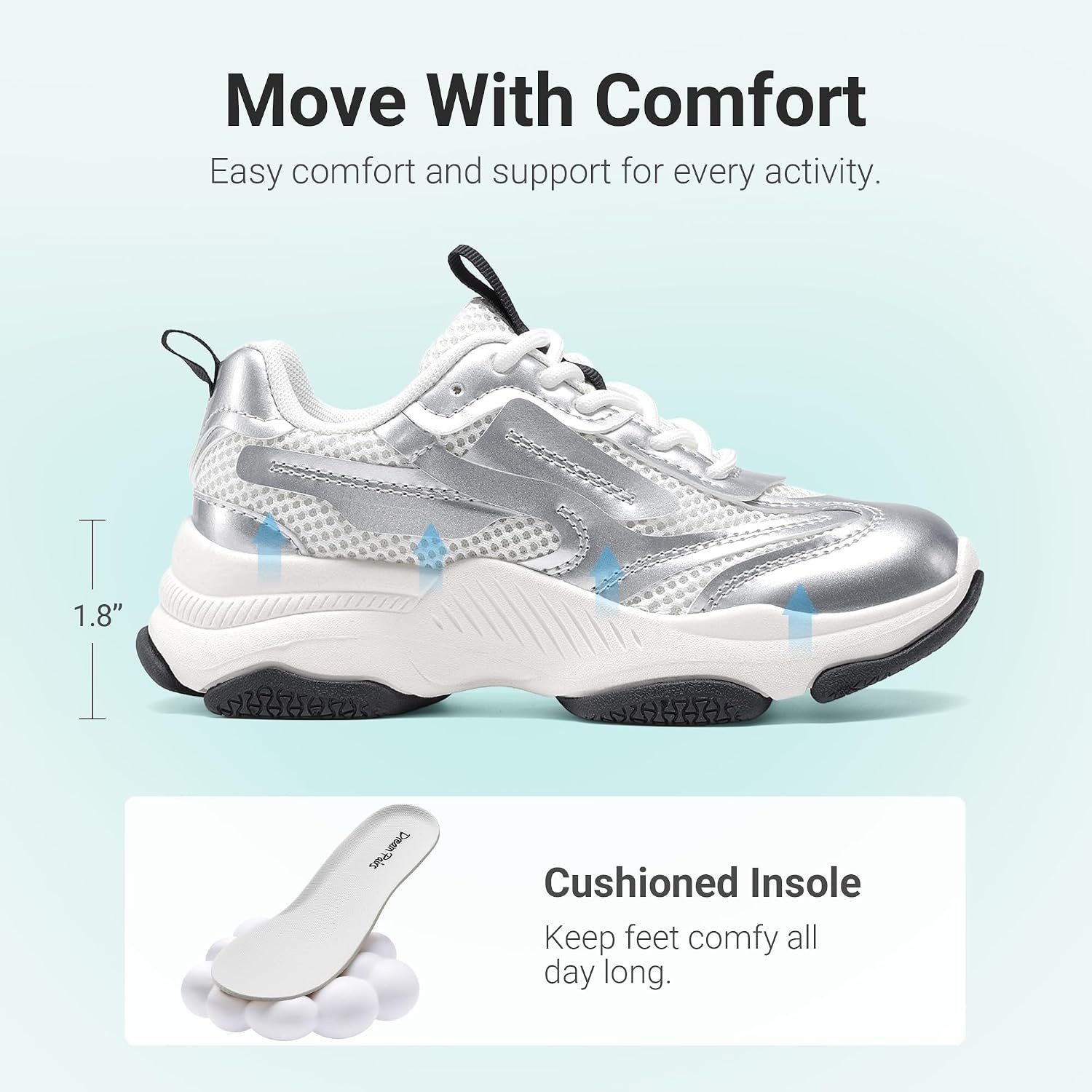 image:imageDREAM PAIRS Kids Girls Sneakers Jelly Sole Lace up Shoes Lightweight Walking Shoes for Girls BoysSilver