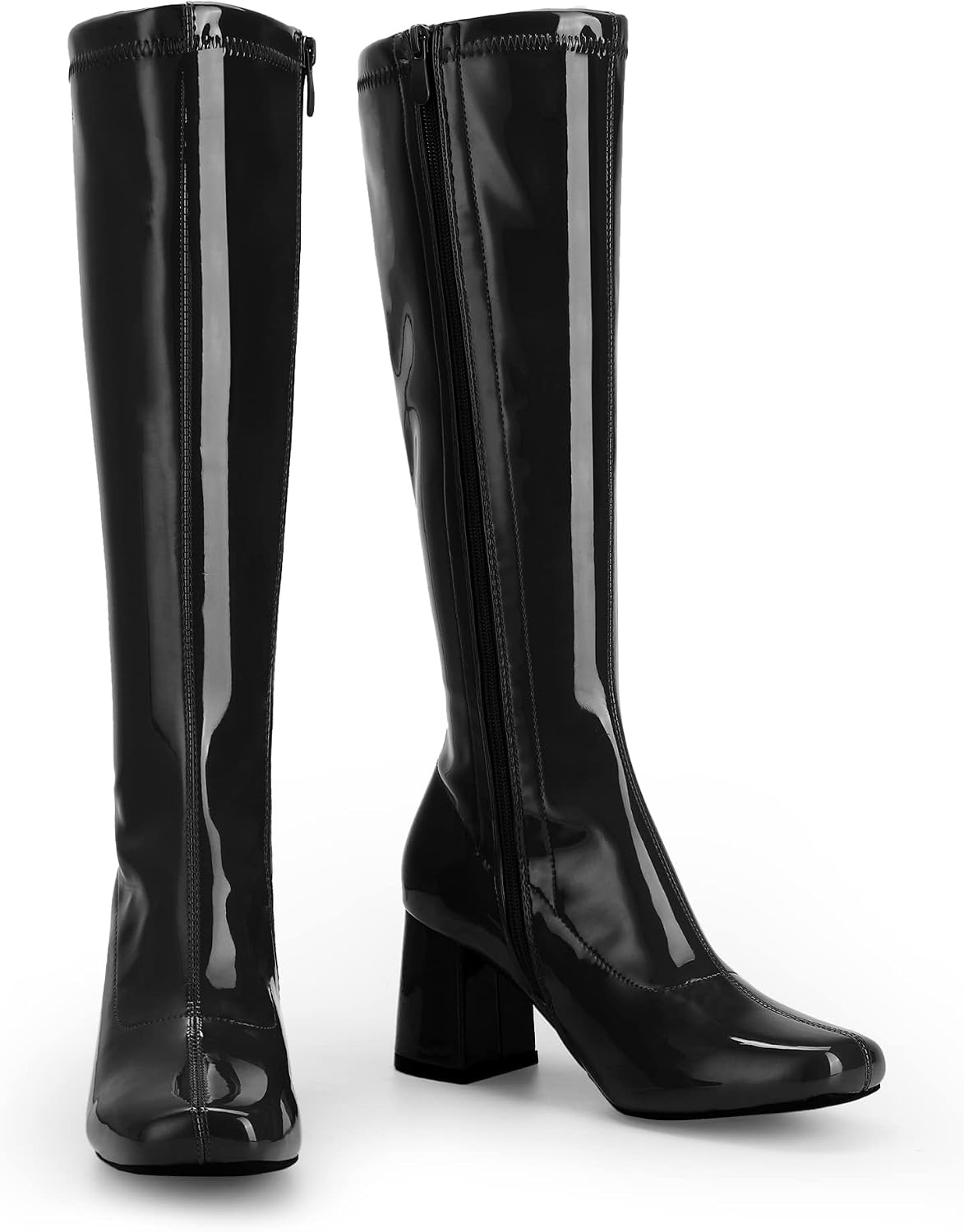 image:imageDREAM PAIRS Womens Gogo Boots Square Toe Chunky Wide Calf Knee High BootsBlackPatentPu