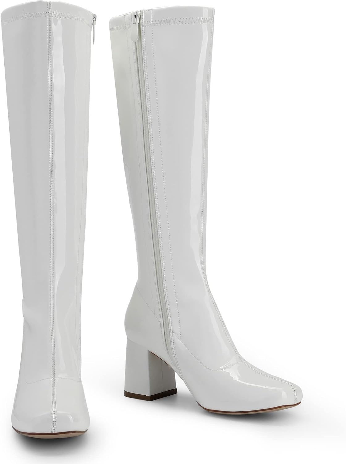 image:imageDREAM PAIRS Womens Gogo Boots Square Toe Chunky Wide Calf Knee High BootsWhitePatentPu