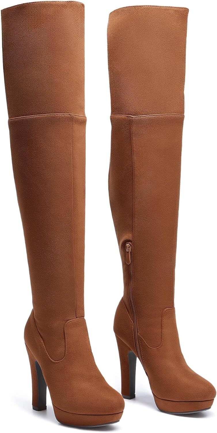 image:imageDREAM PAIRS Womens HIGHPLAT Chunky Thigh High Over The Knee High Heel BootsBrown