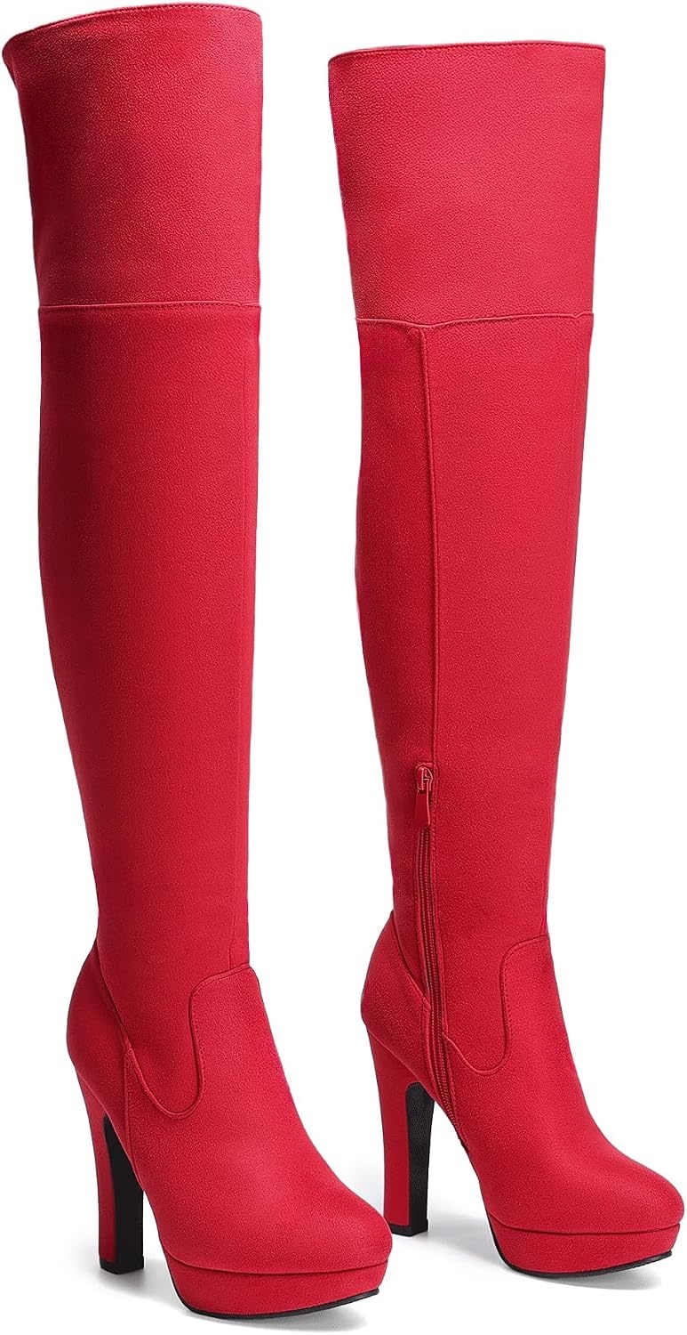 image:imageDREAM PAIRS Womens HIGHPLAT Chunky Thigh High Over The Knee High Heel BootsRed