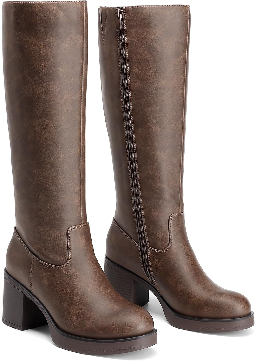 image:imageDREAM PAIRS Womens Knee High Boots Chunky Platform Heel Round Toe Boots for Women Side Zipper Stylish Comfortable Tall BootsDark Brown