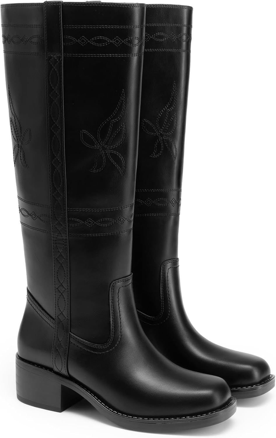 image:imageDREAM PAIRS Womens Knee High Boots Pullon Tall Shaft with Western Stitching Vintage Style Comfortable Square Toe Boots for WomenBlack