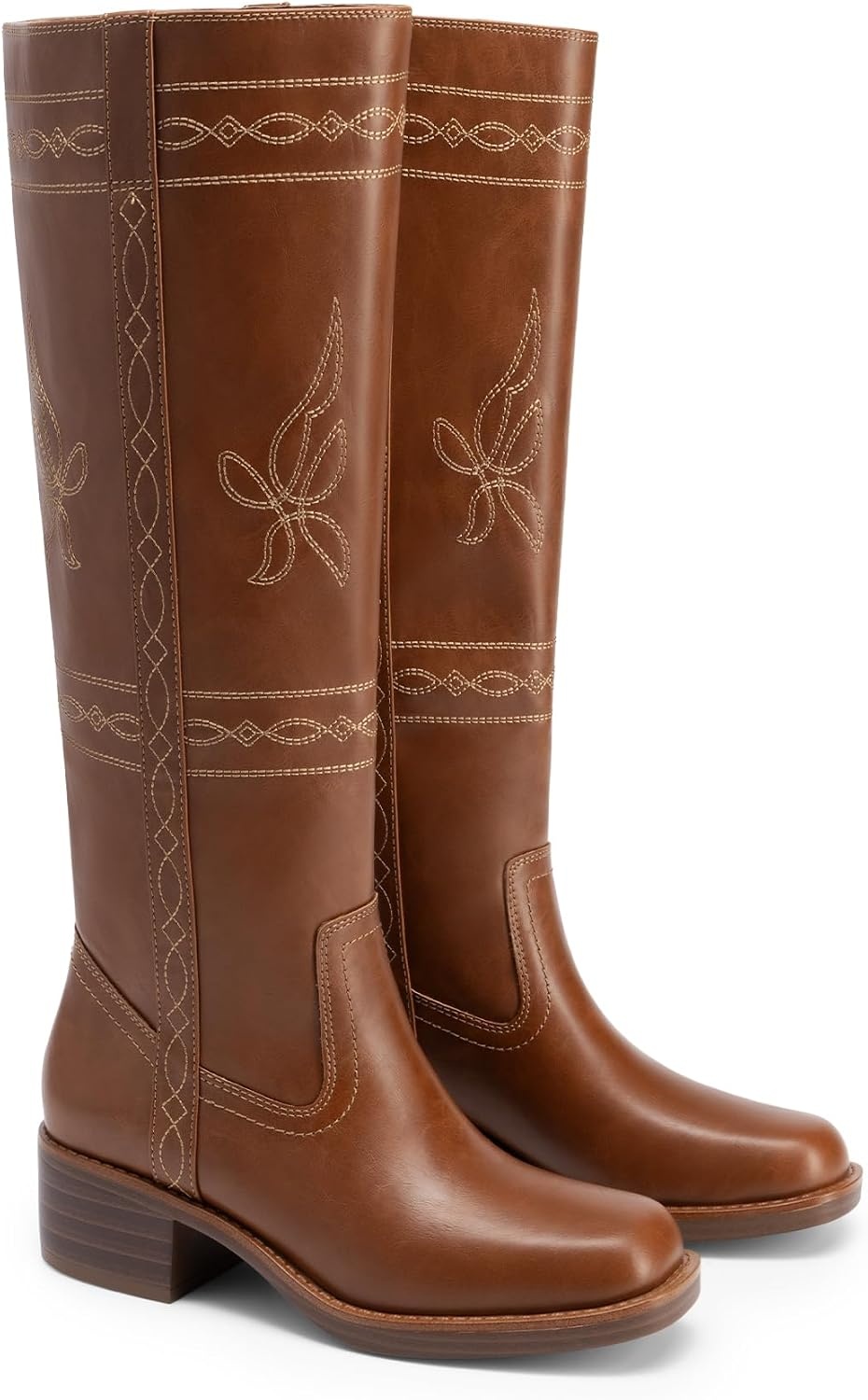 image:imageDREAM PAIRS Womens Knee High Boots Pullon Tall Shaft with Western Stitching Vintage Style Comfortable Square Toe Boots for WomenBrown
