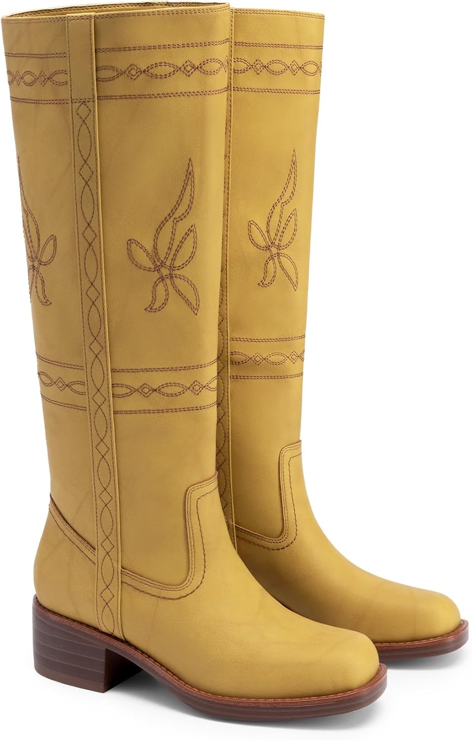 image:imageDREAM PAIRS Womens Knee High Boots Pullon Tall Shaft with Western Stitching Vintage Style Comfortable Square Toe Boots for WomenYellow