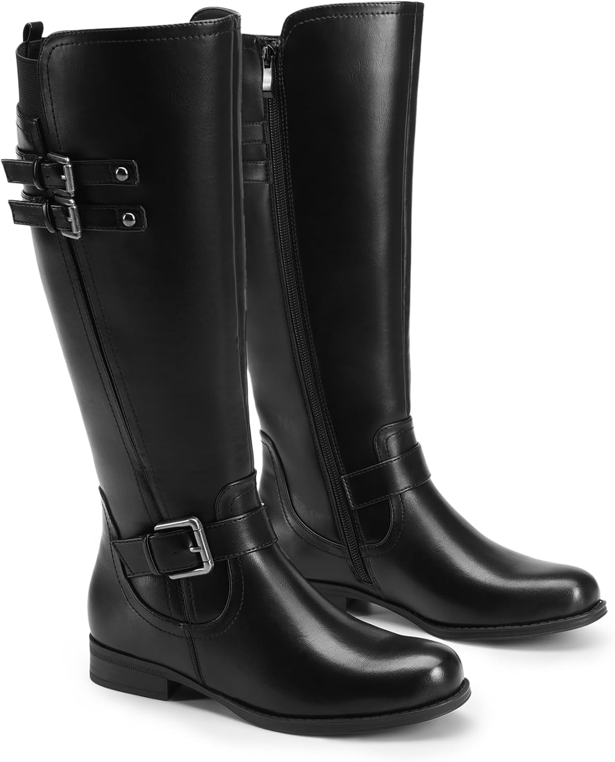 image:imageDREAM PAIRS Womens Knee High Riding Pirate Boots Comfortable Low Chunky Heel Flat Motorcycle Buckle Boots for WomenBlack