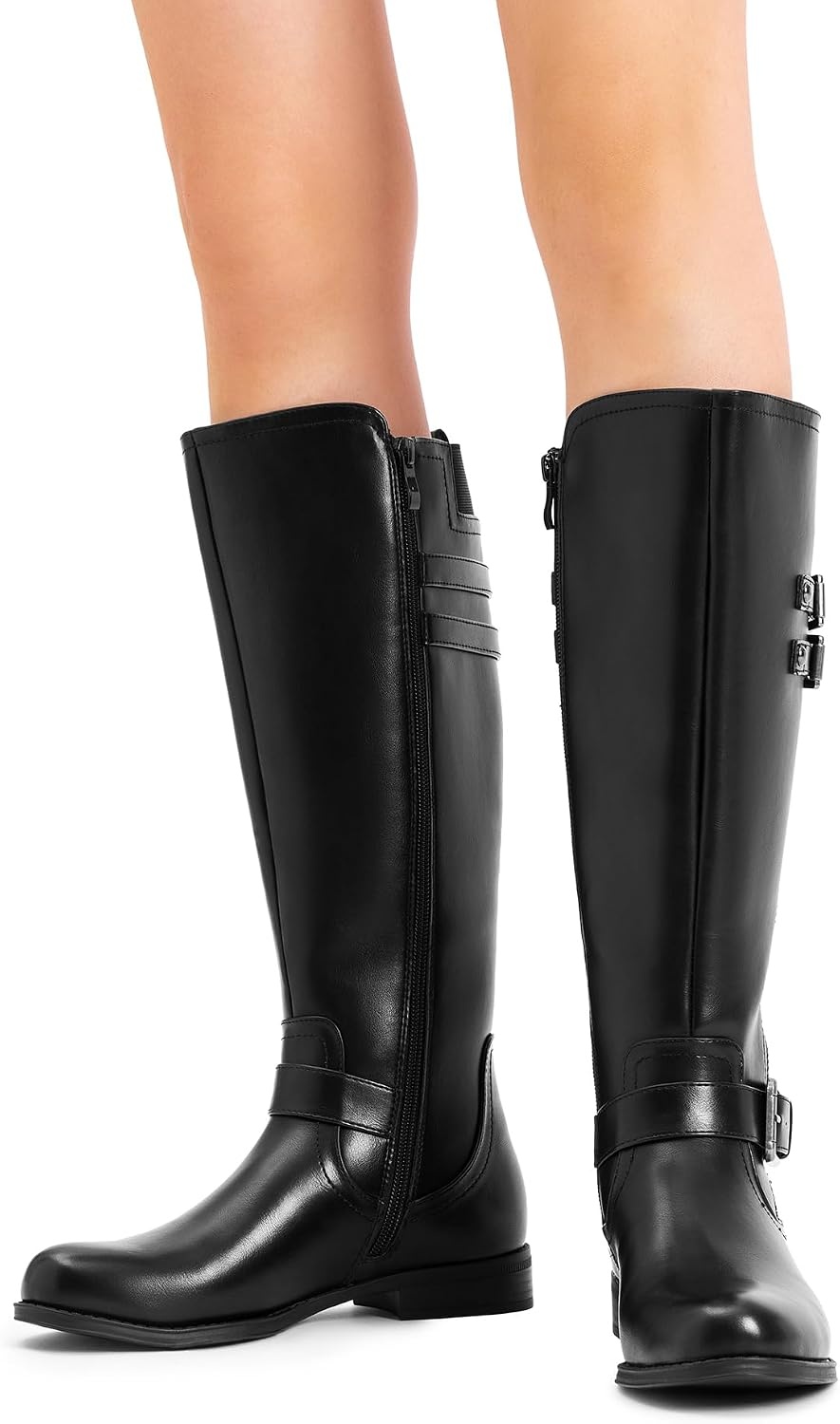 image:imageDREAM PAIRS Womens Knee High Riding Pirate Boots Comfortable Low Chunky Heel Flat Motorcycle Buckle Boots for WomenBlack