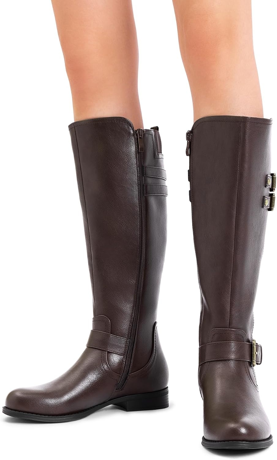 image:imageDREAM PAIRS Womens Knee High Riding Pirate Boots Comfortable Low Chunky Heel Flat Motorcycle Buckle Boots for WomenBrown