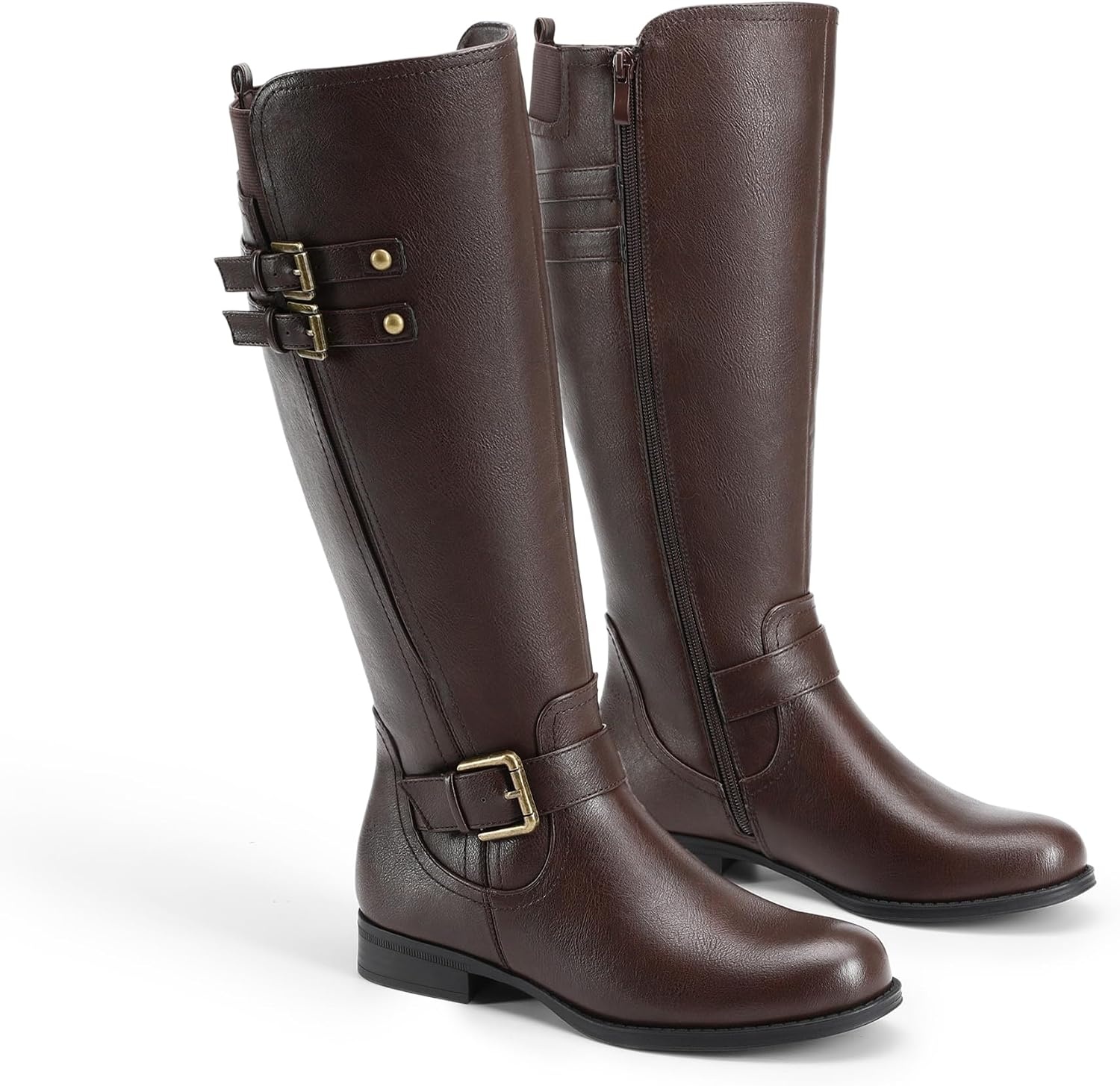 image:imageDREAM PAIRS Womens Knee High Riding Pirate Boots Comfortable Low Chunky Heel Flat Motorcycle Buckle Boots for WomenBrown