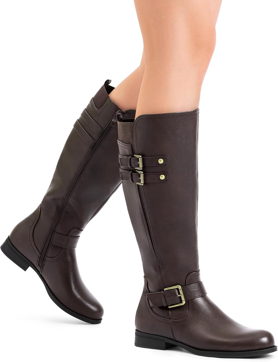 image:imageDREAM PAIRS Womens Knee High Riding Pirate Boots Comfortable Low Chunky Heel Flat Motorcycle Buckle Boots for WomenBrown