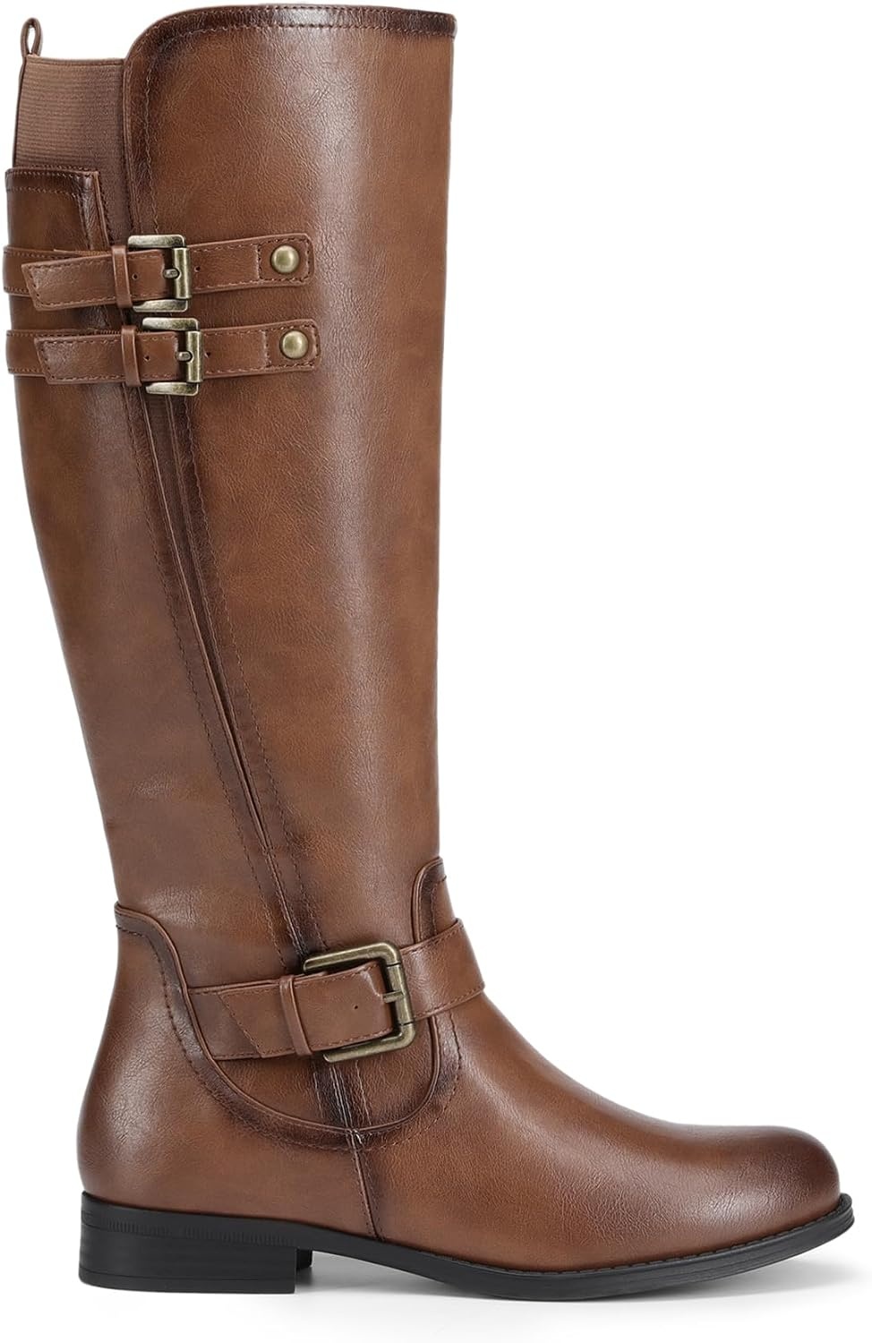 image:imageDREAM PAIRS Womens Knee High Riding Pirate Boots Comfortable Low Chunky Heel Flat Motorcycle Buckle Boots for WomenTan