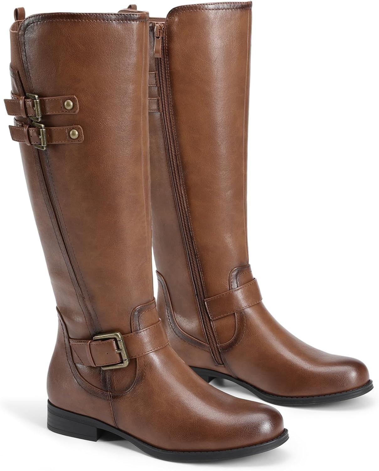 image:imageDREAM PAIRS Womens Knee High Riding Pirate Boots Comfortable Low Chunky Heel Flat Motorcycle Buckle Boots for WomenTan