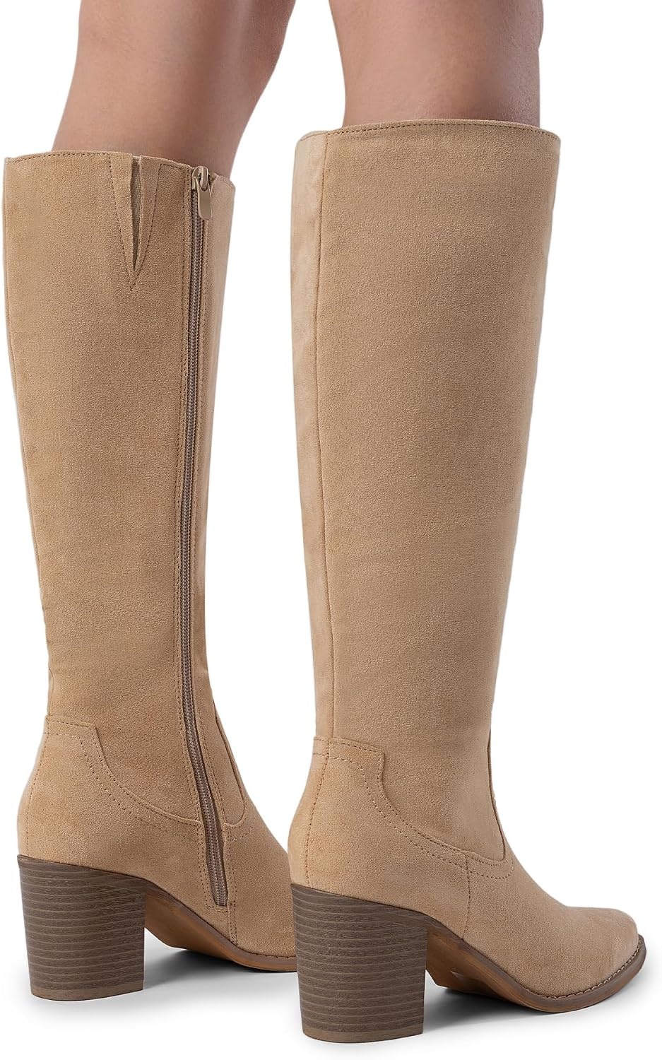 image:imageDREAM PAIRS Womens KneeHigh Boots Comfortable Chunky Block Heel Pointed Toe Pull On Side Zipper Suede Slouch Riding BootsApricot