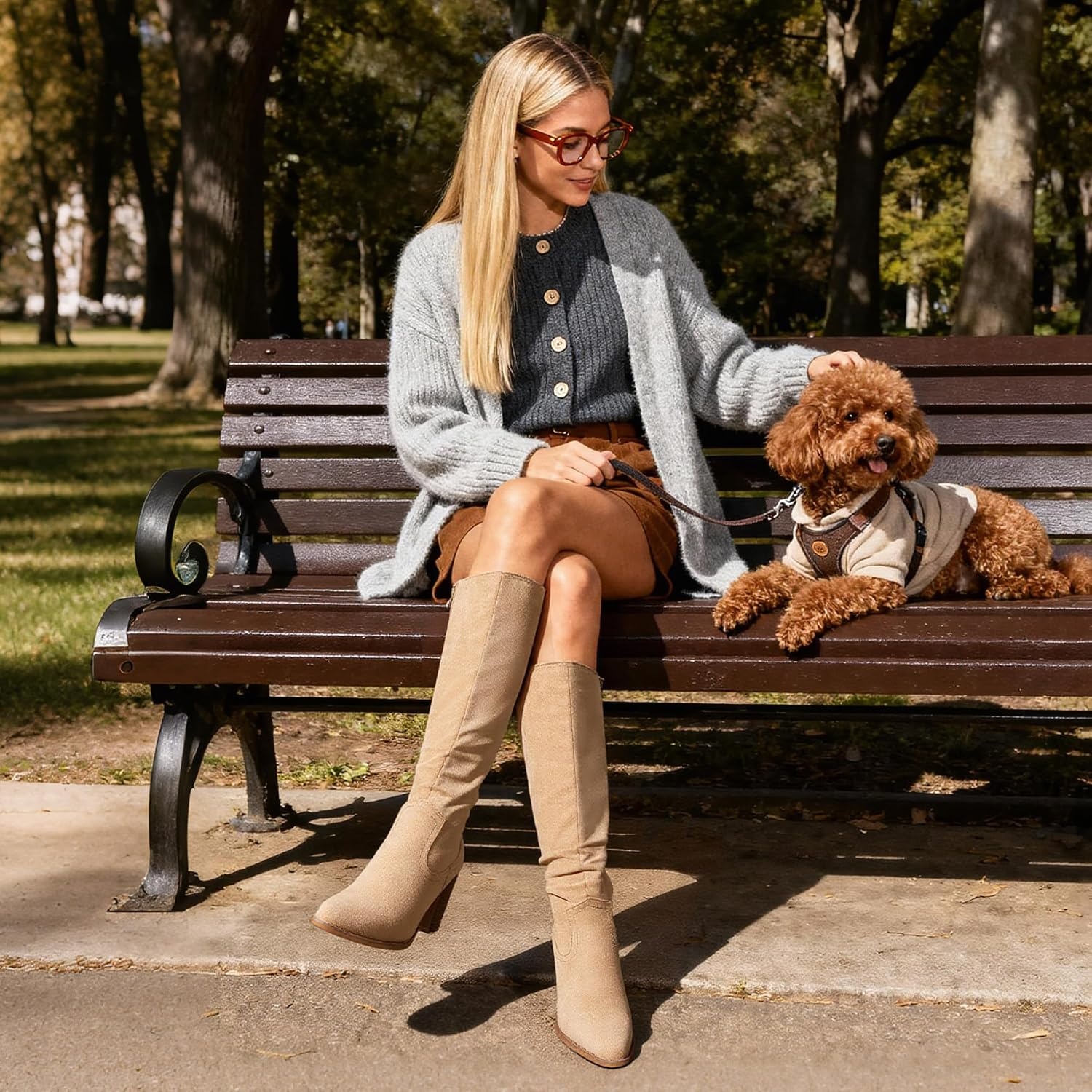 image:imageDREAM PAIRS Womens KneeHigh Boots Comfortable Chunky Block Heel Pointed Toe Pull On Side Zipper Suede Slouch Riding BootsApricot