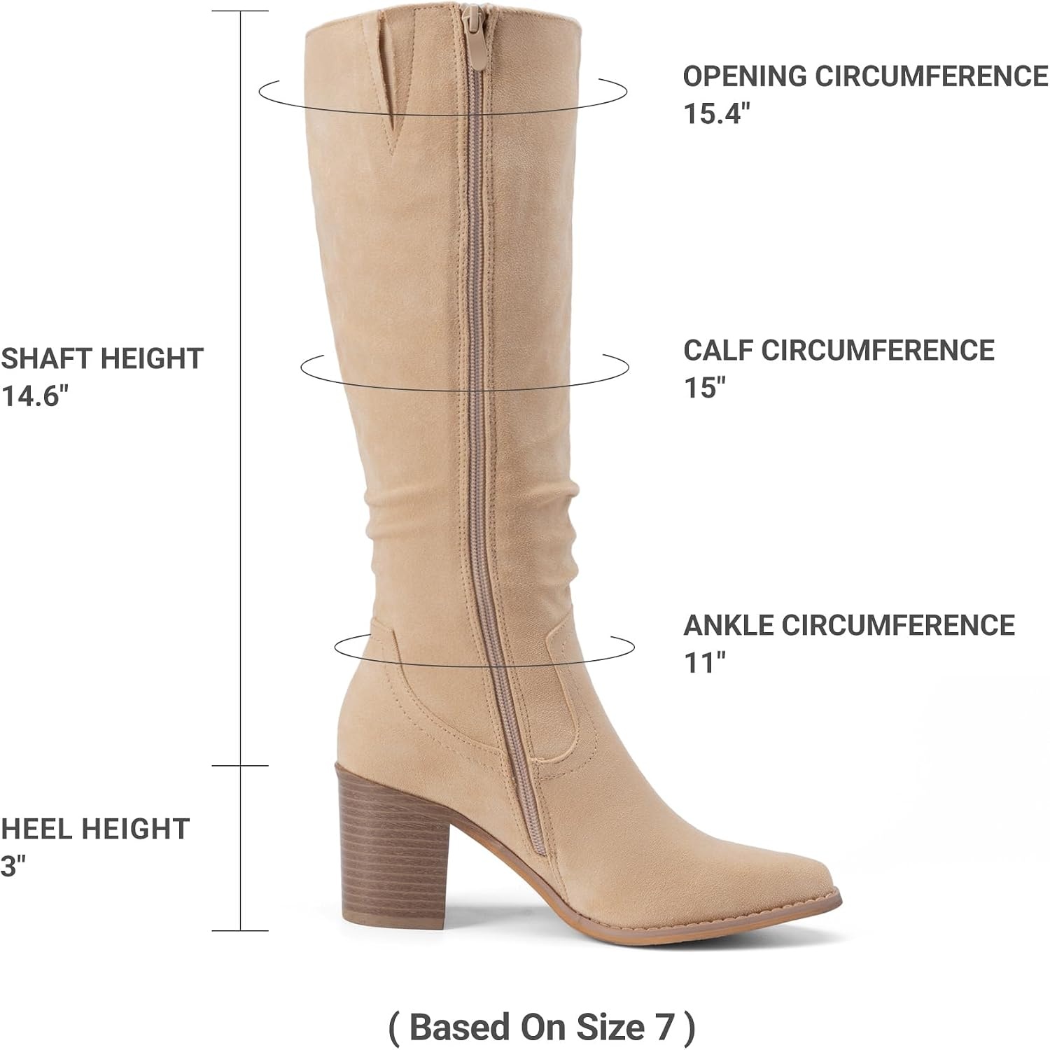 image:imageDREAM PAIRS Womens KneeHigh Boots Comfortable Chunky Block Heel Pointed Toe Pull On Side Zipper Suede Slouch Riding BootsApricot