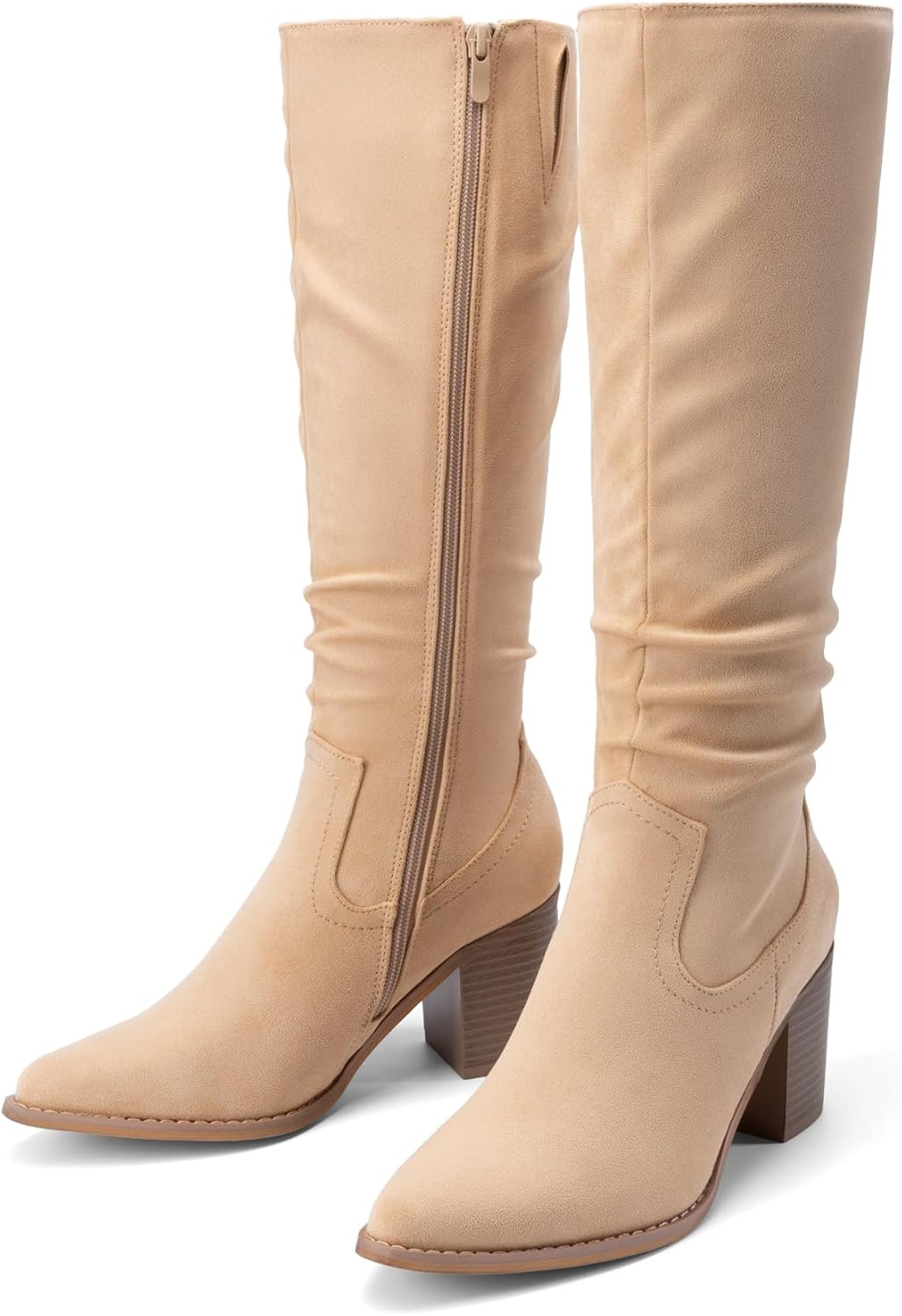 image:imageDREAM PAIRS Womens KneeHigh Boots Comfortable Chunky Block Heel Pointed Toe Pull On Side Zipper Suede Slouch Riding BootsApricot