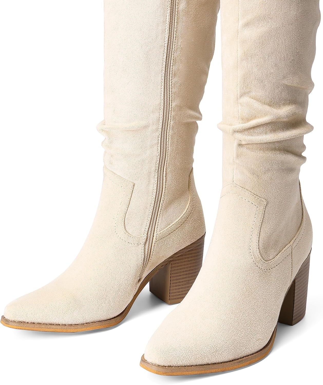 image:imageDREAM PAIRS Womens KneeHigh Boots Comfortable Chunky Block Heel Pointed Toe Pull On Side Zipper Suede Slouch Riding BootsBeige