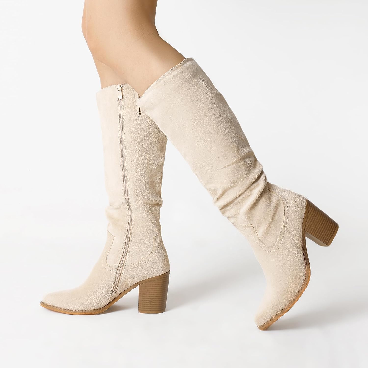 image:imageDREAM PAIRS Womens KneeHigh Boots Comfortable Chunky Block Heel Pointed Toe Pull On Side Zipper Suede Slouch Riding BootsBeige