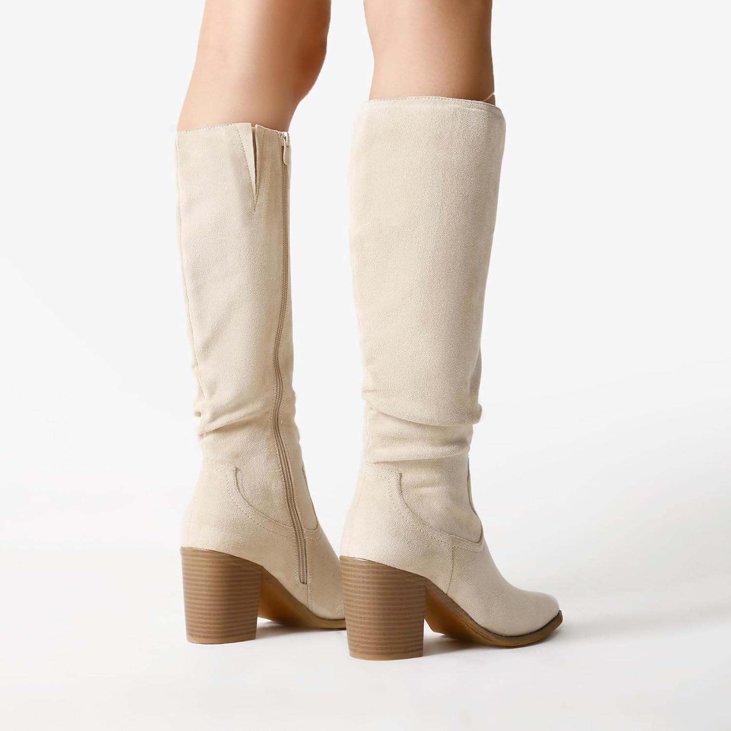 image:imageDREAM PAIRS Womens KneeHigh Boots Comfortable Chunky Block Heel Pointed Toe Pull On Side Zipper Suede Slouch Riding BootsBeige