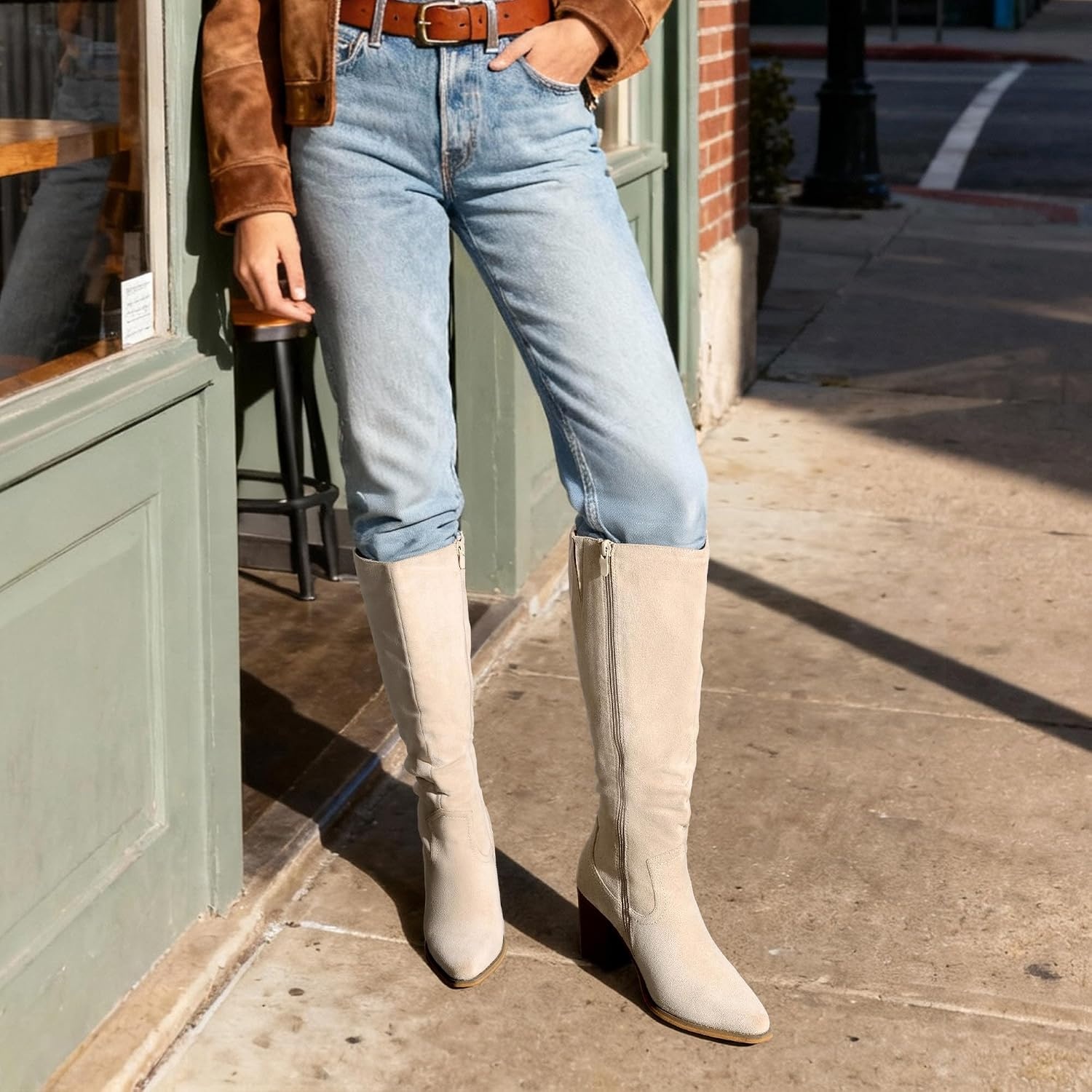 image:imageDREAM PAIRS Womens KneeHigh Boots Comfortable Chunky Block Heel Pointed Toe Pull On Side Zipper Suede Slouch Riding BootsBeige