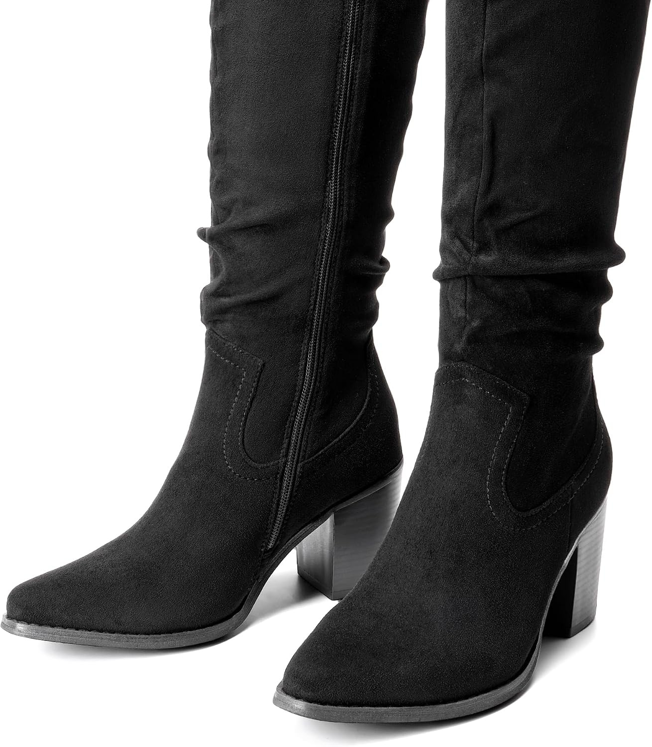 image:imageDREAM PAIRS Womens KneeHigh Boots Comfortable Chunky Block Heel Pointed Toe Pull On Side Zipper Suede Slouch Riding BootsBlack