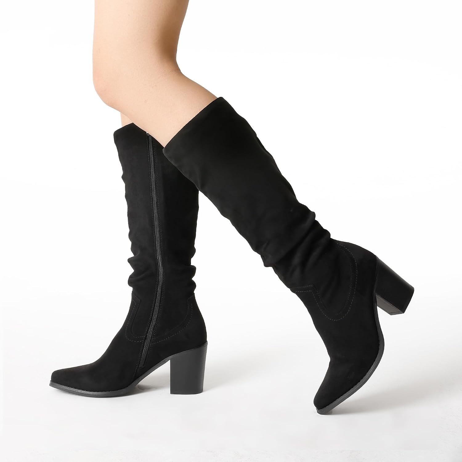 image:imageDREAM PAIRS Womens KneeHigh Boots Comfortable Chunky Block Heel Pointed Toe Pull On Side Zipper Suede Slouch Riding BootsBlack